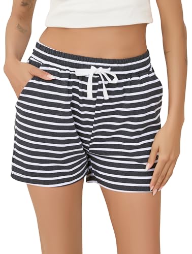 Vlazom Damen Schlafanzughose Baumwolle Pyjamahose Nachtwäsche Kurz Freizeit Hose mit Taschen und Kordelzug（M，Stil B-Dunkelgrau） von Vlazom