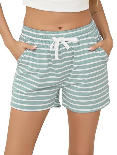 Vlazom Damen Schlafanzughose Baumwolle Pyjamahose Nachtwäsche Kurz Freizeit Hose mit Taschen und Kordelzug（M，Stil B-Hellgrün） von Vlazom