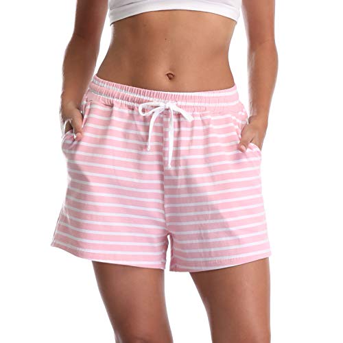 Vlazom Damen Schlafanzughose Baumwolle Pyjamahose Nachtwäsche Kurz Freizeit Hose mit Taschen und Kordelzug(M,Stil B-Rosa) von Vlazom