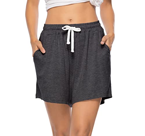 Vlazom Damen Schlafanzughose Baumwolle Pyjamahose Nachtwäsche Kurz Freizeit Hose mit Taschen und Kordelzug(XL,Stil A-Dunkelgrau) von Vlazom