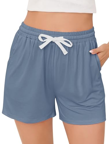Vlazom Damen Schlafanzughose Baumwolle Pyjamahose Nachtwäsche Kurz Freizeit Hose mit Taschen und Kordelzug（XL，Stil A-Graublau） von Vlazom