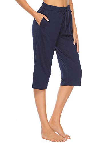 Vlazom Damen Schlafanzughose Baumwolle Pyjamahose Nachtwäsche Kurz Freizeit Hose mit Taschen und Kordelzug(XL,Stil A-Marineblau) von Vlazom