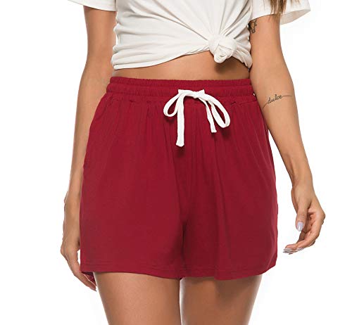 Vlazom Damen Schlafanzughose Baumwolle Pyjamahose Nachtwäsche Kurz Freizeit Hose mit Taschen und Kordelzug(XL,Stil A-Weinrot) von Vlazom