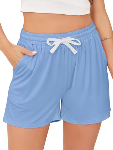 Vlazom Damen Schlafanzughose Baumwolle Pyjamahose Nachtwäsche Kurz Freizeit Hose mit Taschen und Kordelzug（XXL，Stil A-Hellblau） von Vlazom