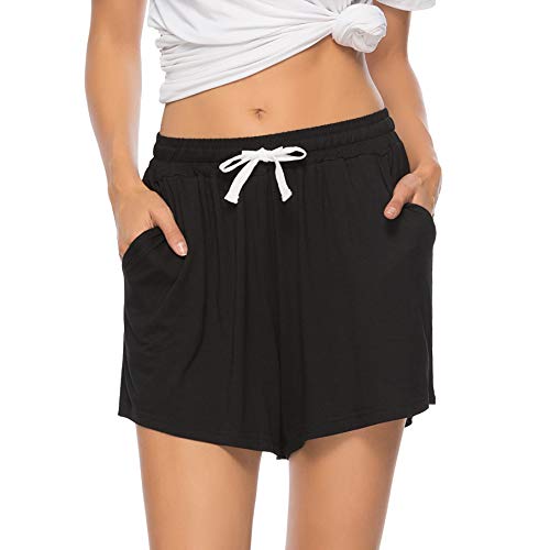 Vlazom Damen Schlafanzughose Baumwolle Pyjamahose Nachtwäsche Kurz Freizeit Hose mit Taschen und Kordelzug(XXL,Stil A-Schwarz) von Vlazom