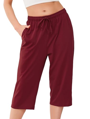 Vlazom Damen Schlafanzughose Baumwolle Pyjamahose Nachtwäsche Kurz Freizeit Hose mit Taschen und Kordelzug（XXL，Stil A-Weinrot） von Vlazom