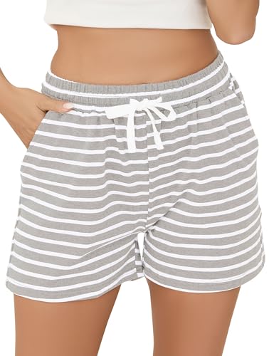 Vlazom Damen Schlafanzughose Baumwolle Pyjamahose Nachtwäsche Kurz Freizeit Hose mit Taschen und Kordelzug(XXL,Stil B-Grau) von Vlazom