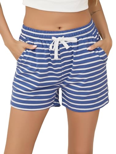 Vlazom Damen Schlafanzughose Baumwolle Pyjamahose Nachtwäsche Kurz Freizeit Hose mit Taschen und Kordelzug（XXL，Stil B-Kobaltblau） von Vlazom
