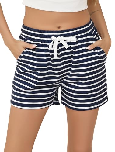 Vlazom Damen Schlafanzughose Baumwolle Pyjamahose Nachtwäsche Kurz Freizeit Hose mit Taschen und Kordelzug（XXL，Stil B-Marineblau） von Vlazom