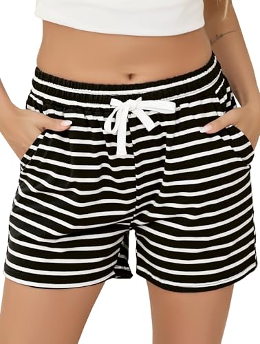 Vlazom Damen Schlafanzughose Baumwolle Pyjamahose Nachtwäsche Kurz Freizeit Hose mit Taschen und Kordelzug(XXL,Stil B-Schwarz) von Vlazom