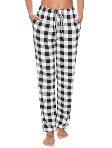 Vlazom Damen Karierte Schlafanzughose Lange Weich Pyjamahose für Frauen Loungehose Freizeithose Yogahose Sporthose mit Taschen(XXL,A Stil-Schwarz) von Vlazom