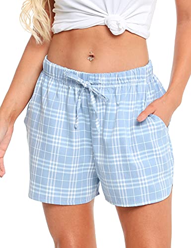 Vlazom Damen Schlafanzughose Karierte Kurz Baumwolle Pyjamahose Freizeithose Hausanzug Jogginghose Sporthose Sommer mit Taschen und Kordelzug（XL，Hellblau） von Vlazom