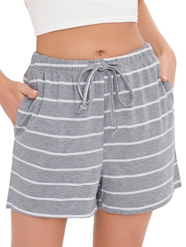 Vlazom Damen Schlafanzughose Kurz Baumwolle Weich Pyjamahose Freizeit Hose mit Taschen und Kordelzug Sporthose Sommer（S，Hellgrau） von Vlazom