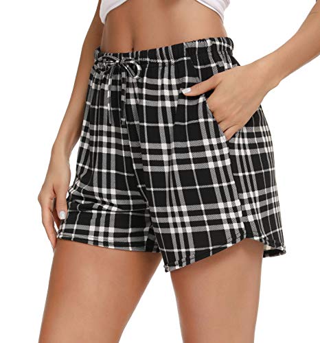 Vlazom Damen Schlafanzughose Kurz Pyjamahose Freizeit Hose mit Taschen und Kordelzug(L,Stil C-Schwarz) von Vlazom