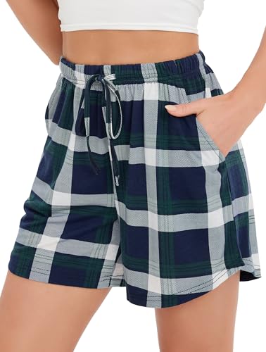 Vlazom Damen Schlafanzughose Kurz Weich Karierte Pyjama Shorts Sommer Nachtwäsche Freizeit Hose mit Taschen und Kordelzug（L，Stil B-kariert） von Vlazom