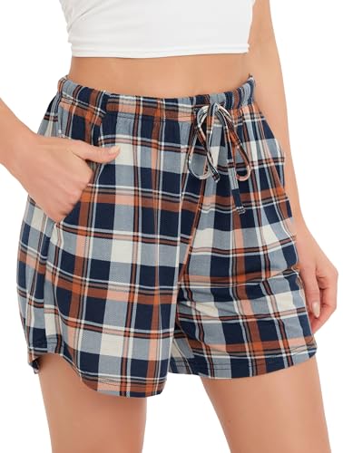 Vlazom Damen Schlafanzughose Kurz Weich Karierte Pyjama Shorts Sommer Nachtwäsche Freizeit Hose mit Taschen und Kordelzug（S，Stil A-kariert） von Vlazom