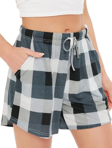 Vlazom Damen Schlafanzughose Kurz Weich Karierte Pyjama Shorts Sommer Nachtwäsche Freizeit Hose mit Taschen und Kordelzug（S，Stil E-kariert） von Vlazom