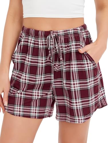 Vlazom Damen Schlafanzughose Kurz Weich Karierte Pyjama Shorts Sommer Nachtwäsche Freizeit Hose mit Taschen und Kordelzug（S，Stil F-kariert） von Vlazom