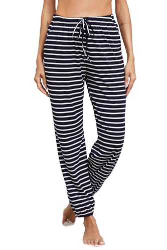 Vlazom Damen Schlafanzughose Lang Baumwolle Gestreifte Weich Pyjamahose Freizeithose Jogginghose Sporthose（L，Marineblau） von Vlazom