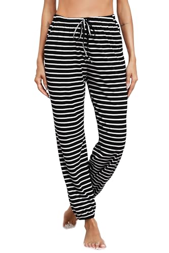 Vlazom Damen Schlafanzughose Lang Baumwolle Gestreifte Weich Pyjamahose Freizeithose Jogginghose Sporthose（M，Schwarz） von Vlazom