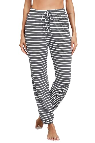 Vlazom Damen Schlafanzughose Lang Baumwolle Gestreifte Weich Pyjamahose Freizeithose Jogginghose Sporthose（XXL，Dunkelgrau） von Vlazom