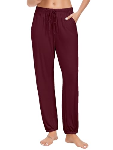 Vlazom Damen Schlafanzughose Lang Baumwolle Weich Pyjamahose Freizeithose Jogginghose Sporthose（L，Stil A-Weinrot） von Vlazom