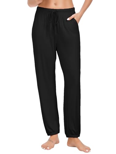 Vlazom Damen Schlafanzughose Lang Baumwolle Weich Pyjamahose Freizeithose Jogginghose Sporthose（XXL，Stil A-Schwarz） von Vlazom