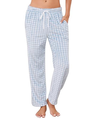 Vlazom Damen Schlafanzughose Lang Flanell Karierte Pyjamahose Winter Warm Loungehose Freizeithose Schlafhose Nachtwäsche für Frauen（XXL，Hellblau） von Vlazom