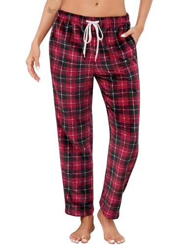 Vlazom Damen Schlafanzughose Lang Flanell Karierte Pyjamahose Winter Warm Loungehose Freizeithose Schlafhose Nachtwäsche für Frauen（XXL，Weinrot） von Vlazom