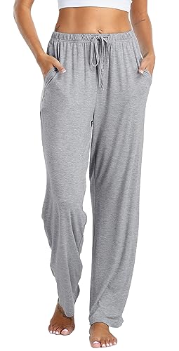 Vlazom Damen Schlafanzughose Modal Lang Weich Loungehose Freizeithose Yogahose Nachtwäsche Hosen mit Taschen Pyjamahose mit geradem Beinil（L，Grau） von Vlazom