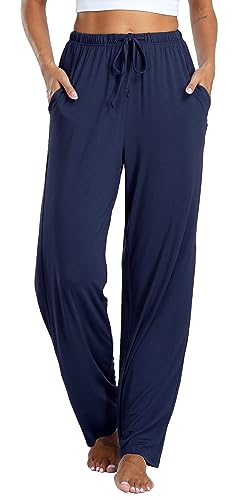 Vlazom Damen Schlafanzughose Modal Lang Weich Loungehose Freizeithose Yogahose Nachtwäsche Hosen mit Taschen Pyjamahose mit geradem Beinil（L，Marineblau） von Vlazom