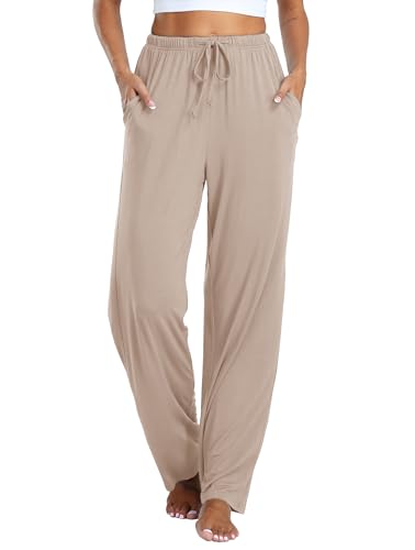 Vlazom Damen Schlafanzughose Modal Lang Weich Loungehose Freizeithose Yogahose Nachtwäsche Hosen mit Taschen Pyjamahose mit geradem Beinil（M，Nude） von Vlazom