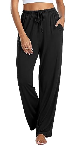 Vlazom Damen Schlafanzughose Modal Lang Weich Loungehose Freizeithose Yogahose Nachtwäsche Hosen mit Taschen Pyjamahose mit geradem Beinil（M，Schwarz） von Vlazom