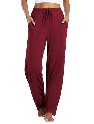 Vlazom Damen Schlafanzughose Modal Lang Weich Loungehose Freizeithose Yogahose Nachtwäsche Hosen mit Taschen Pyjamahose mit geradem Beinil（XXL，Weinrot） von Vlazom