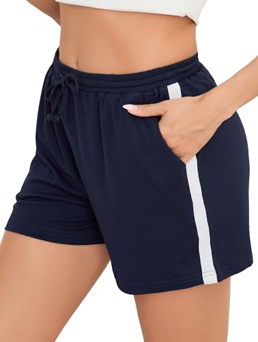 Vlazom Damen Sporthose Kurz Baumwolle Sommer Freizeithose Trainingshose mit Taschen Elastischer Bund und Atmungsaktive Shorts（XXL，Marineblau） von Vlazom