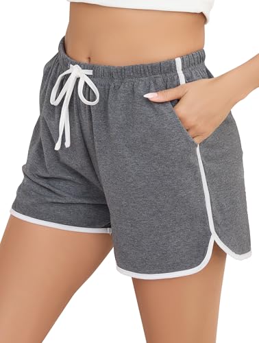 Vlazom Damen Sportshorts Baumwolle Weich Running Gym Fitness mit Taschen Sporthose Kurz Sommer（L，Dunkelgrau） von Vlazom