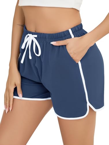 Vlazom Damen Sportshorts Baumwolle Weich Running Gym Fitness mit Taschen Sporthose Kurz Sommer（L，Graublau） von Vlazom