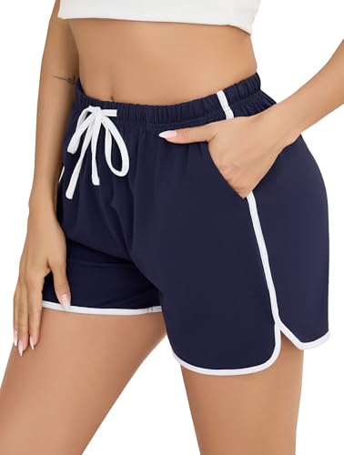 Vlazom Damen Sportshorts Baumwolle Weich Running Gym Fitness mit Taschen Sporthose Kurz Sommer（M，Marineblau） von Vlazom