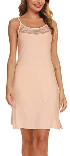 Vlazom Damen Unterkleid mit Spaghettiträger Sexy Nachthemd Negligee knielanges Unterkleid mit Spitzen Dekor(L,Stil A-Khaki) von Vlazom