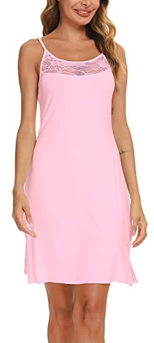 Vlazom Damen Unterkleid mit Spaghettiträger Sexy Nachthemd Negligee knielanges Unterkleid mit Spitzen Dekor(L,Stil A-Rosa) von Vlazom