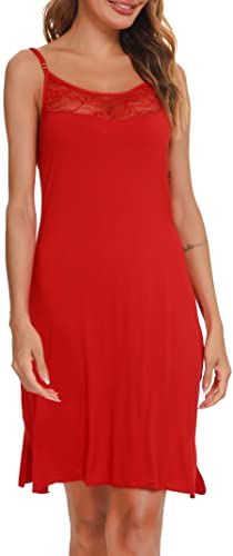 Vlazom Damen Unterkleid mit Spaghettiträger Sexy Nachthemd Negligee knielanges Unterkleid mit Spitzen Dekor(M,Stil A-Rot) von Vlazom