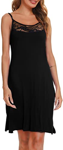 Vlazom Damen Unterkleid mit Spaghettiträger Sexy Nachthemd Negligee knielanges Unterkleid mit Spitzen Dekor(S,Stil A-Schwarz) von Vlazom