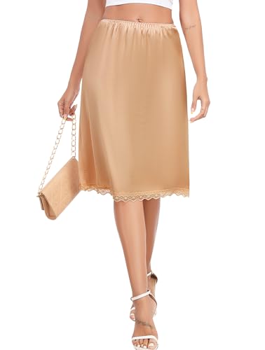 Vlazom Damen Unterrock Lang Petticoat Satin Elegantes Rock Lang mit Spitzensaum Unsichtbar Unterkleid Silky Touch（L，Dunkler Champagner） von Vlazom