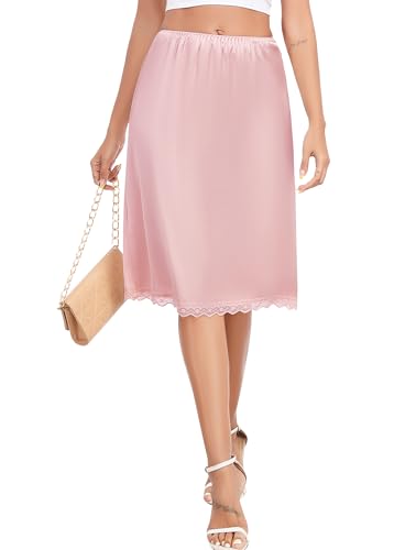 Vlazom Damen Unterrock Lang Petticoat Satin Elegantes Rock Lang mit Spitzensaum Unsichtbar Unterkleid Silky Touch（L，Hellrosa） von Vlazom