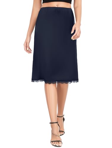 Vlazom Damen Unterrock Lang Petticoat Satin Elegantes Rock Lang mit Spitzensaum Unsichtbar Unterkleid Silky Touch（XL，Marineblau） von Vlazom