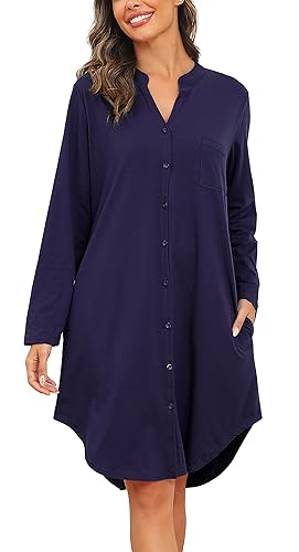 Vlazom Damen V-Ausschnitt Nachthemd Langarm Baumwoll Schlafhemd Winter Schlafkleid mit Knöpfe und Seitentaschen（L,Marineblau） von Vlazom