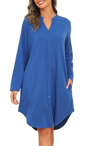 Vlazom Damen V-Ausschnitt Nachthemd Langarm Baumwoll Schlafhemd Winter Schlafkleid mit Knöpfe und Seitentaschen（M,Blau） von Vlazom