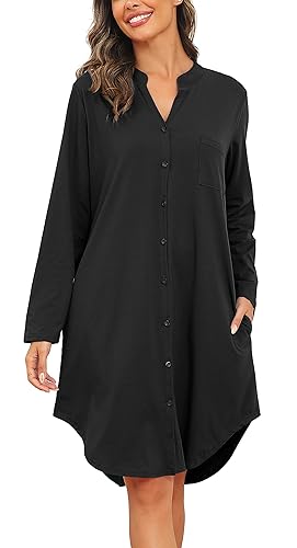 Vlazom Damen V-Ausschnitt Nachthemd Langarm Baumwoll Schlafhemd Winter Schlafkleid mit Knöpfe und Seitentaschen（M,Schwarz） von Vlazom