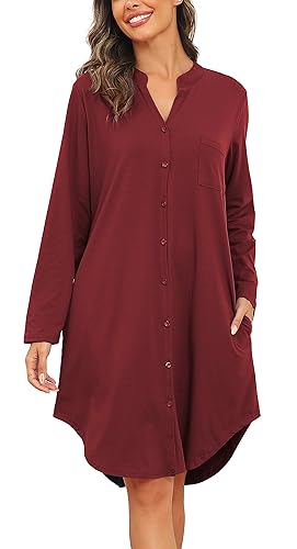 Vlazom Damen V-Ausschnitt Nachthemd Langarm Baumwoll Schlafhemd Winter Schlafkleid mit Knöpfe und Seitentaschen（M,Weinrot） von Vlazom