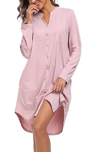 Vlazom Damen V-Ausschnitt Nachthemd Langarm Baumwoll Schlafhemd Winter Schlafkleid mit Knöpfe und Seitentaschen（S,Rosa） von Vlazom